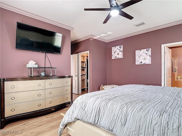 bedroom with ensuite bath, ceiling fan, a spacious closet, light wood-type flooring, and ornamental molding