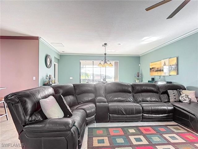 living room with crown molding, tile patterned flooring, ceiling fan with notable chandelier, and a textured ceiling