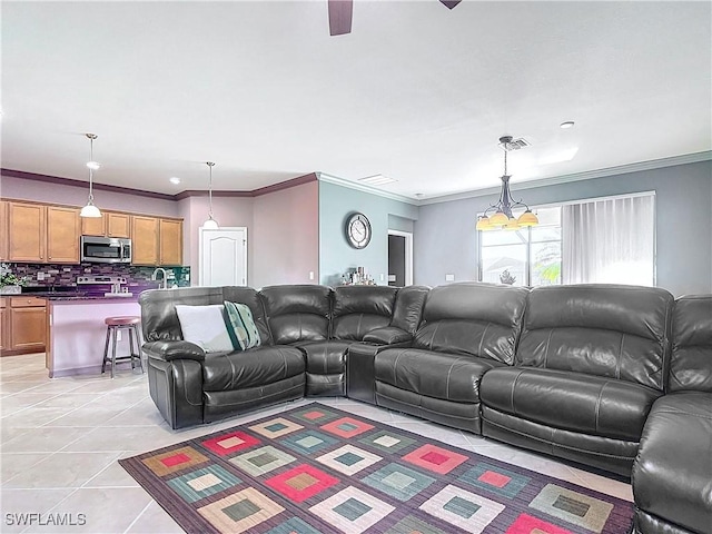 tiled living room with crown molding