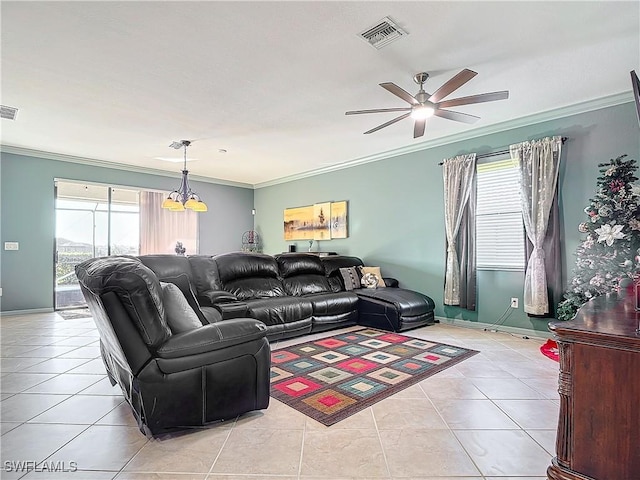 living room featuring crown molding, light tile patterned floors, and ceiling fan with notable chandelier