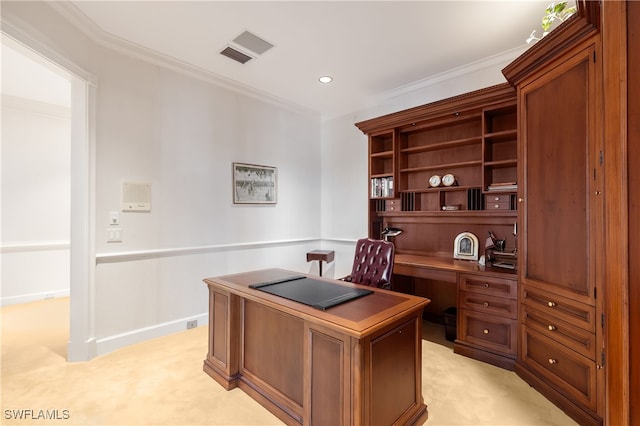 carpeted office featuring ornamental molding