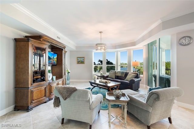 living room featuring light tile patterned floors, an inviting chandelier, and ornamental molding