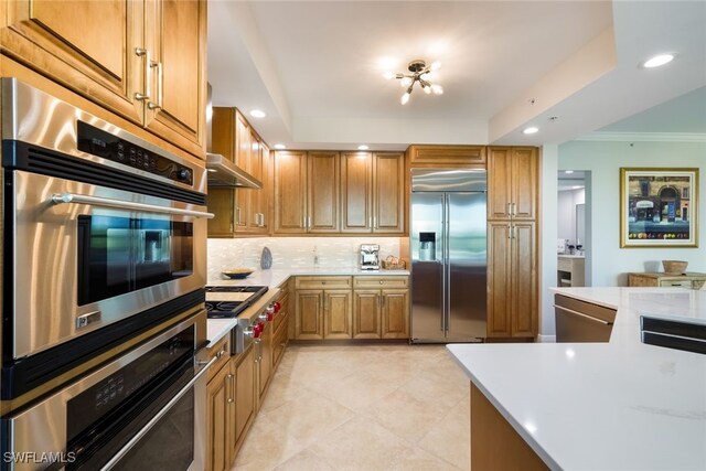 kitchen featuring crown molding, range hood, backsplash, and appliances with stainless steel finishes