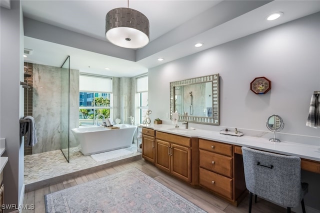 bathroom featuring plus walk in shower, vanity, and hardwood / wood-style flooring