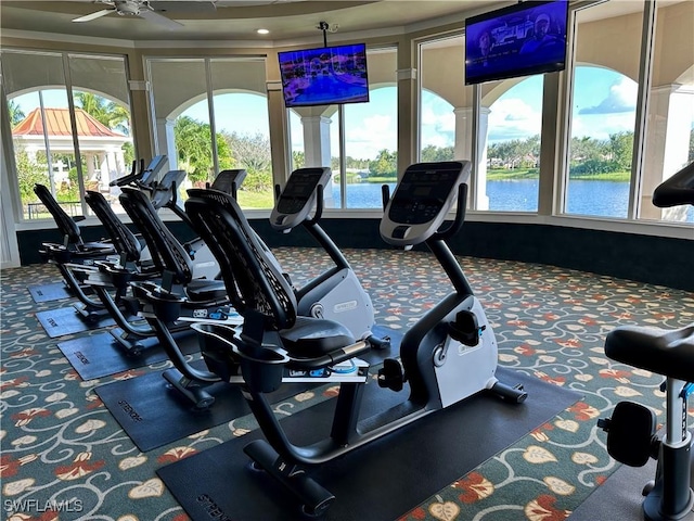 workout area featuring dark colored carpet and ceiling fan