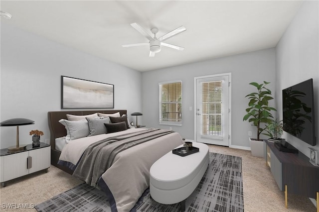 bedroom with ceiling fan, carpet floors, and access to outside