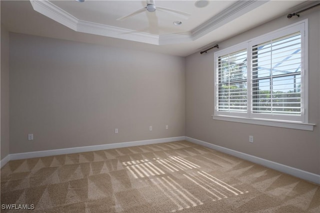 unfurnished room featuring a raised ceiling, crown molding, carpet floors, and ceiling fan