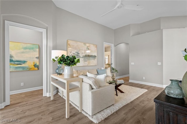 living room featuring ceiling fan and wood-type flooring