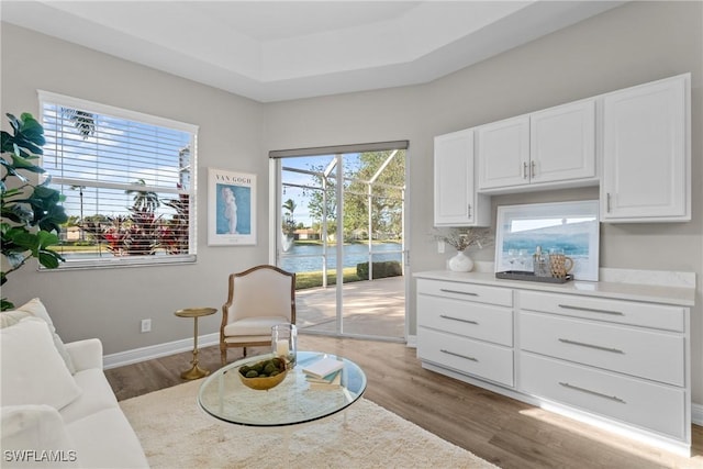 sitting room with a water view, a raised ceiling, a wealth of natural light, and light hardwood / wood-style flooring