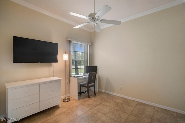 home office featuring ceiling fan and ornamental molding