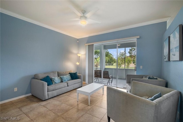 living room featuring ceiling fan, ornamental molding, and light tile patterned floors