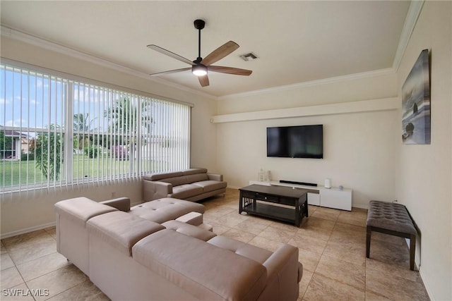 living room with ceiling fan, light tile patterned floors, and ornamental molding