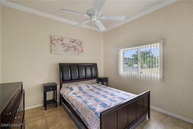 bedroom with ceiling fan, light tile patterned flooring, and ornamental molding