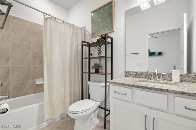 full bathroom featuring tile patterned flooring, vanity, shower / bath combination with curtain, and toilet