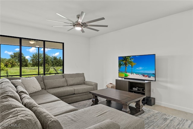 living room with ceiling fan