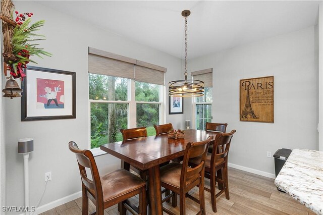 dining room featuring light wood-style floors and baseboards