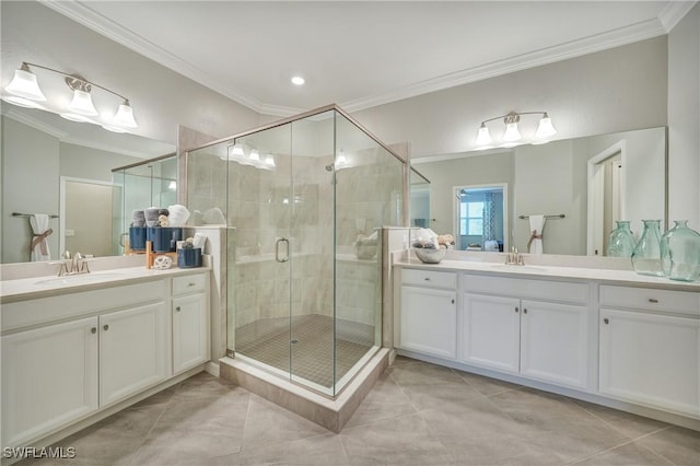 bathroom featuring tile patterned floors, crown molding, and walk in shower