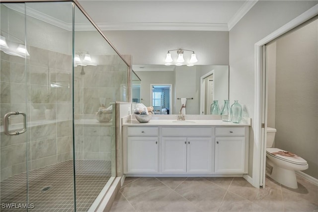 bathroom with tile patterned flooring, crown molding, an enclosed shower, toilet, and vanity