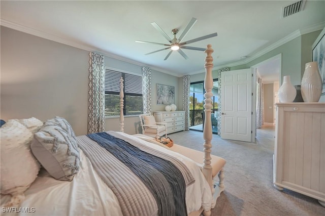 carpeted bedroom featuring access to outside, ceiling fan, and ornamental molding