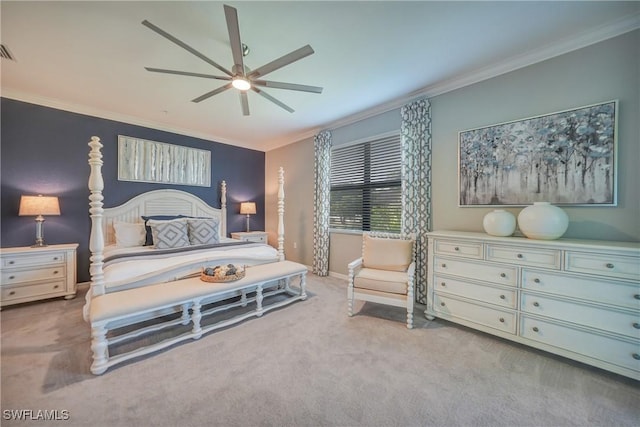 bedroom with ceiling fan, light colored carpet, and ornamental molding