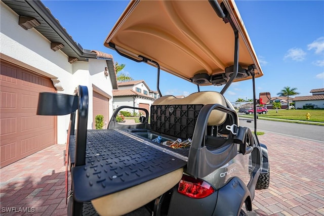 view of patio featuring a garage