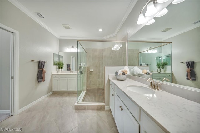 bathroom featuring vanity, crown molding, and walk in shower