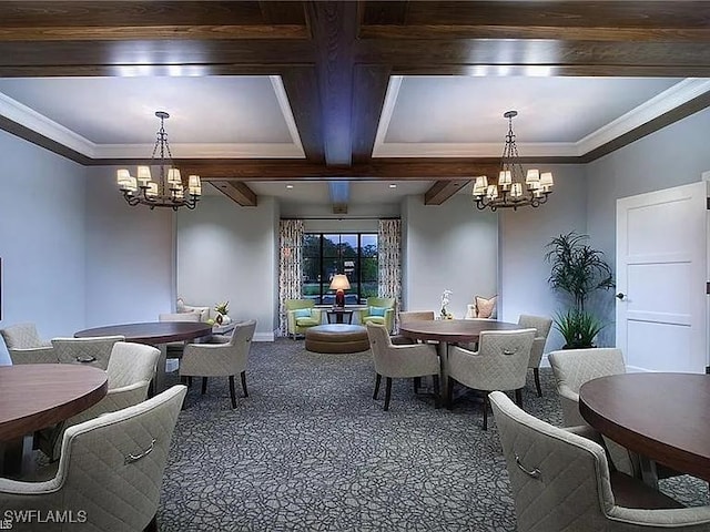 carpeted dining area with beam ceiling, ornamental molding, and a notable chandelier