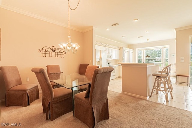 carpeted dining room with a notable chandelier and crown molding