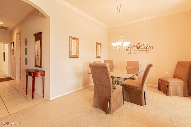 dining space featuring carpet flooring, crown molding, and a chandelier