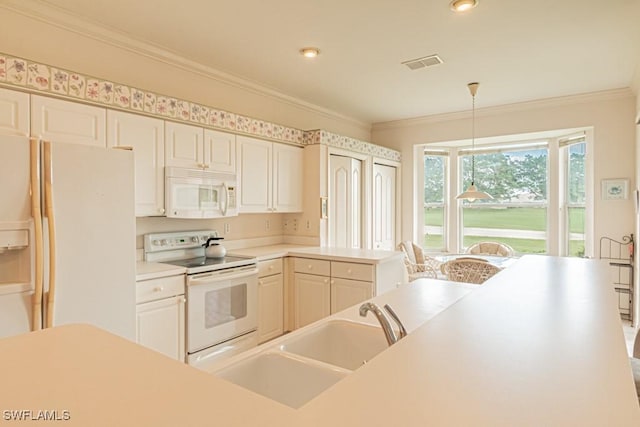 kitchen with white appliances, hanging light fixtures, ornamental molding, and sink