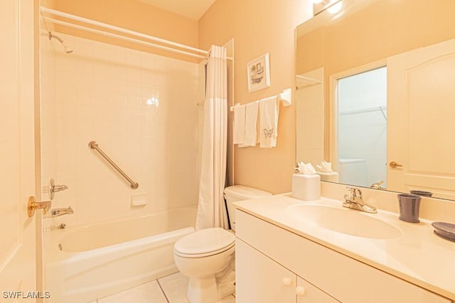 full bathroom with toilet, vanity, tile patterned floors, and shower / tub combo with curtain