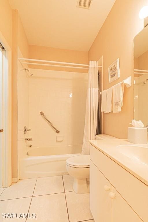 full bathroom with tile patterned floors, vanity, shower / bathtub combination with curtain, and toilet