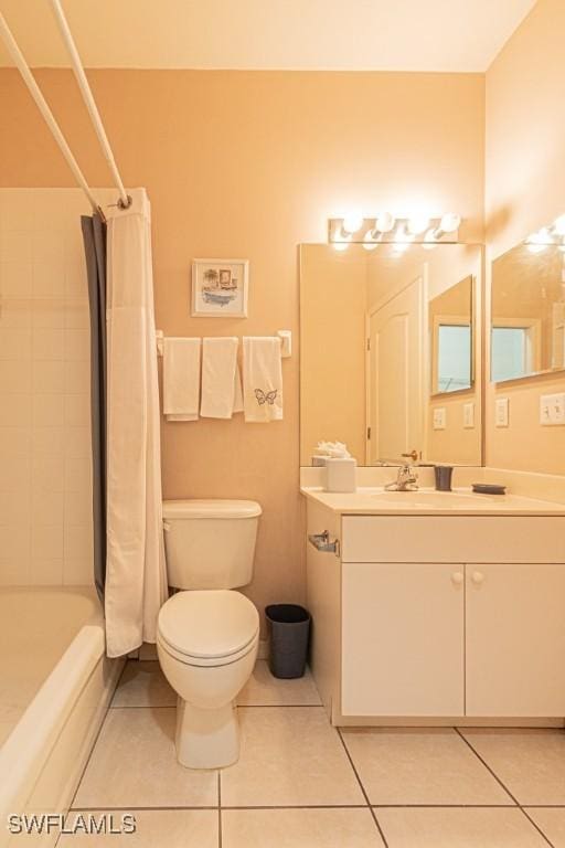 full bathroom with tile patterned flooring, vanity, shower / bath combination with curtain, and toilet