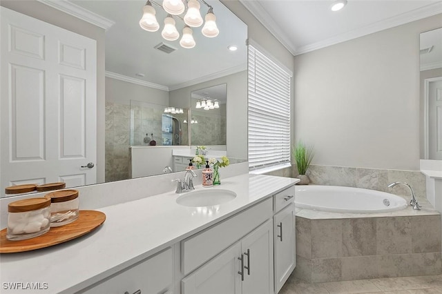 bathroom featuring tile patterned flooring, vanity, ornamental molding, and independent shower and bath