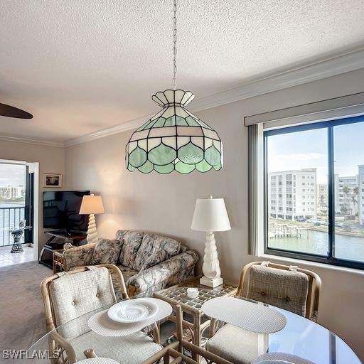 carpeted living room featuring ceiling fan, ornamental molding, and a textured ceiling