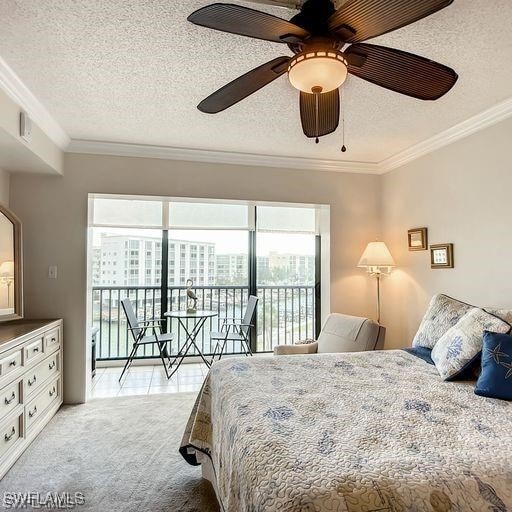 bedroom with access to exterior, light colored carpet, ceiling fan, and ornamental molding