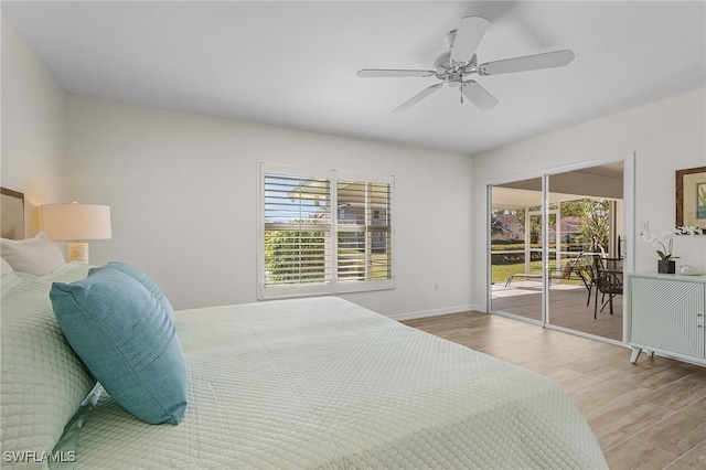 bedroom with ceiling fan, light hardwood / wood-style floors, access to exterior, and multiple windows