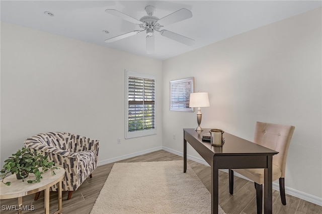 office space featuring hardwood / wood-style flooring and ceiling fan