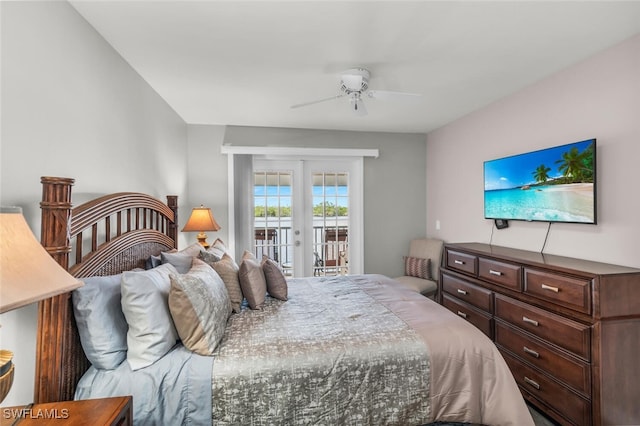 bedroom with access to exterior, french doors, and ceiling fan