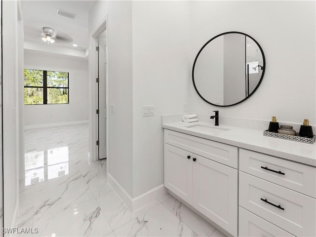 bathroom featuring vanity and ceiling fan