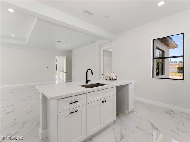 kitchen with white cabinets, a kitchen island with sink, and sink