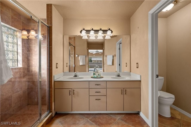 bathroom with vanity, toilet, an enclosed shower, and a wealth of natural light