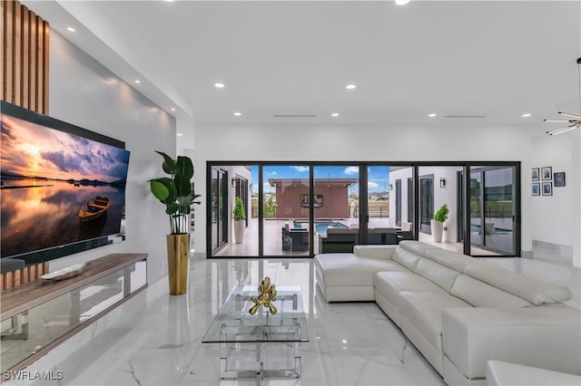 living room with ceiling fan