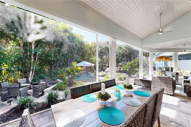 sunroom featuring wooden ceiling, ceiling fan, and lofted ceiling