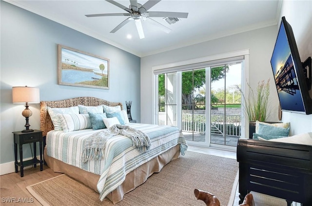 bedroom with ceiling fan, access to exterior, ornamental molding, and light hardwood / wood-style flooring