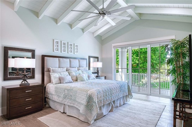 bedroom with beam ceiling, light wood-type flooring, access to outside, and ceiling fan