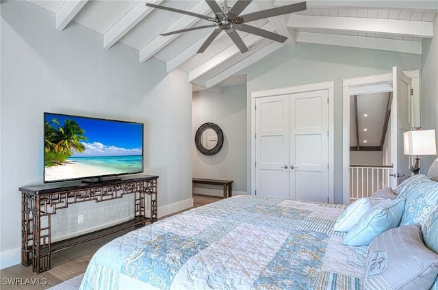 bedroom featuring vaulted ceiling with beams, ceiling fan, and hardwood / wood-style flooring