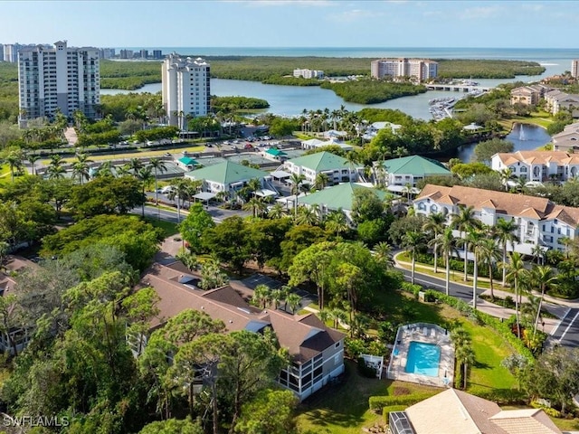 bird's eye view with a water view