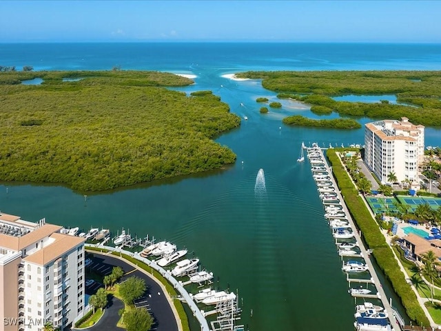 birds eye view of property featuring a water view