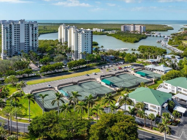 drone / aerial view featuring a water view